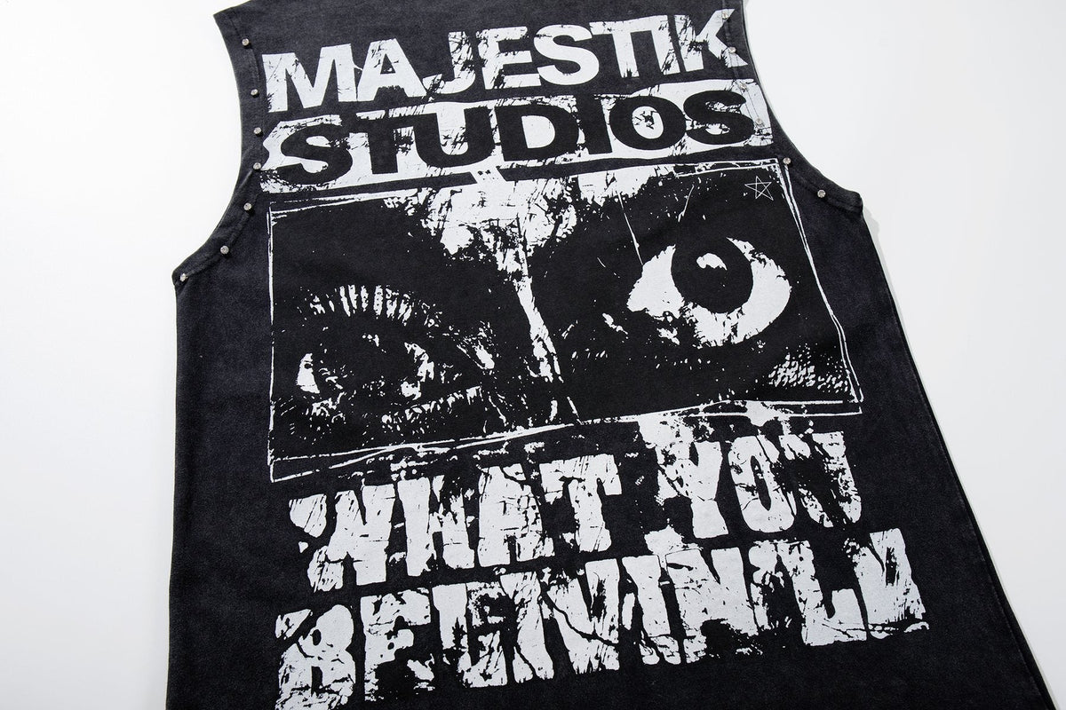 MAJESTIK Washed Black Studded Sleeveless T-Shirt ¡ª detail